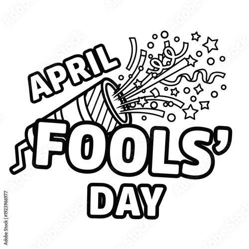 April Fools Day black and white party popper exploding with confetti, stars, and circles. Festive illustration celebrating pranks and jokes on April 1st.