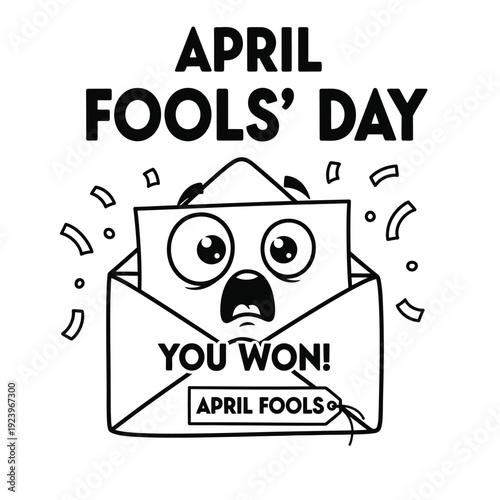 April Fools' Day surprise: A shocked envelope with surprised eyes and an 'You Won!' tag, hinting at a prank.