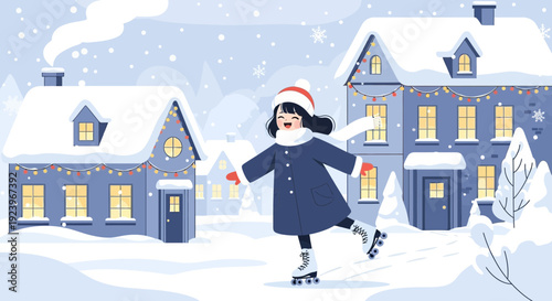 Young girl ice skating outdoors in winter.