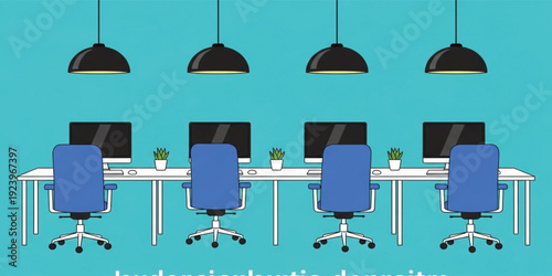 Modern Office Workspace with Desktop Computers and Chairs in Minimal Corporate Interior for Business, Technology, and Professional Work Environment Illustration