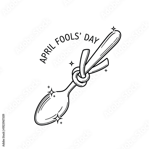 April Fools' Day illustration depicting a spoon tied in a knot with ribbon, representing a playful prank or humorous trick.