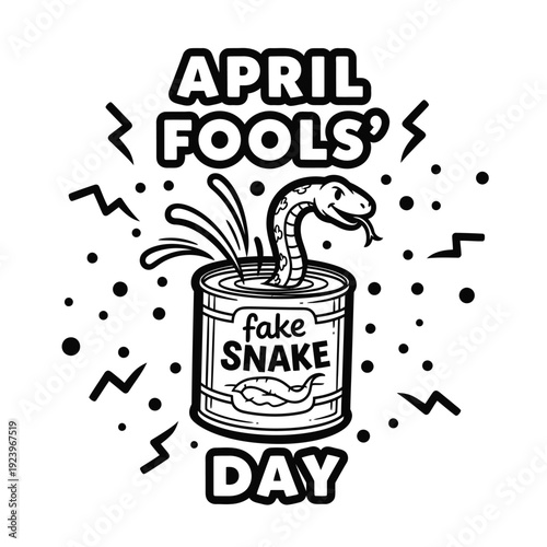 April Fools' Day graphic illustration: a can labeled 'fake snake' with a snake popping out, symbolizing a classic jump scare prank.