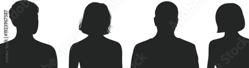 PrintFour diverse human silhouettes, black profile icons, anonymous people illustration, vector graphic design, diversity representation concept, identity, community, teamwork theme