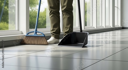 Wallpaper Mural A person cleaning a shiny tiled floor with a broom and dustpan in a bright room Torontodigital.ca