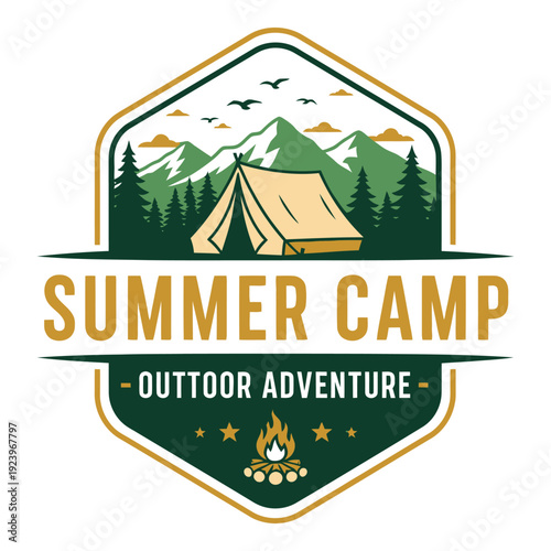 Summer camp outdoor adventure logo with tent mountains trees and campfire icon
