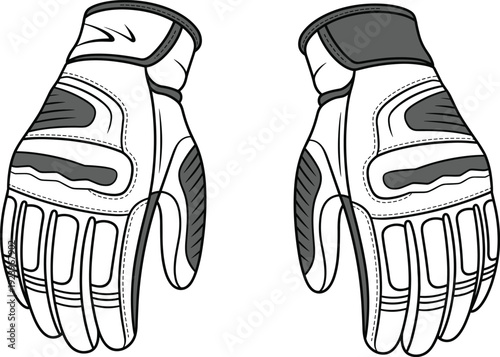 Detailed black and white line of a pair of modern white and grey motorcycle racing gloves with reinforced knuckles and ventilation
