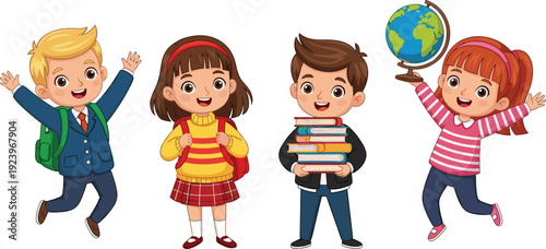 Happy School Kids Cartoon Vector Illustration Set with Students Holding Books, Backpack, and Globe for Education Design