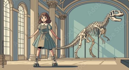 Young girl with dinosaur tail in museum.
