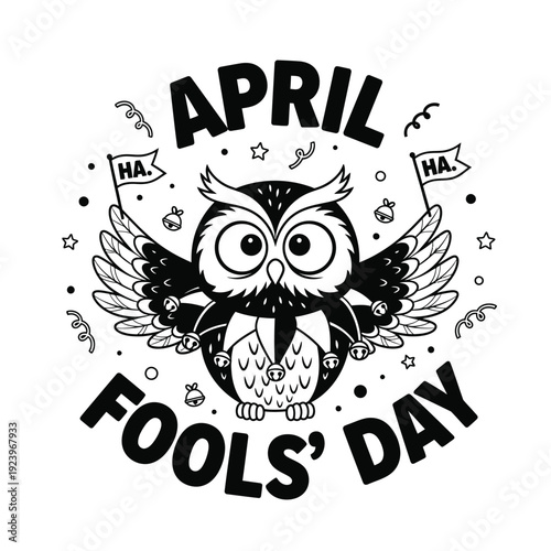 April Fools Day Cute Owl Wearing Bells and Flags Illustration