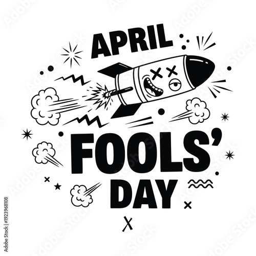 April Fools' Day Rocket Launch with Funny Face - Whimsical Doodle Illustration