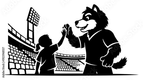 Illustration of a young fan giving a high five to a team wolf mascot in a stadium