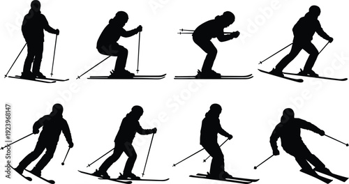 Set of skier silhouettes in various downhill skiing poses isolated on white background, black winter sport illustration collection for alpine activity and training design