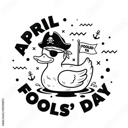 April Fools' Day Rubber Duck Pirate with Eye Patch and Treasure Flag - Cute Doodle Art