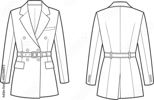 Detailed fashion of a double-breasted belted blazer presented from front and back views showcasing tailored and construction lines