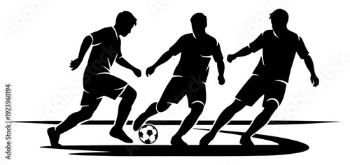 Dynamic black and white silhouettes of soccer players competing on the pitch