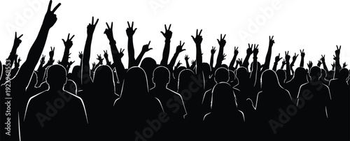 Cheering crowd silhouette background, raised hands and victory signs, concert audience black shadow illustration, large group celebration vector art