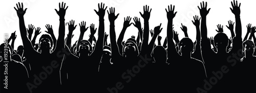 Cheering crowd with raised hands silhouette, excited audience celebration background, concert party black shadow people vector illustration