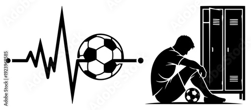 Heartbeat pulse line with soccer ball and sad player silhouette in locker room