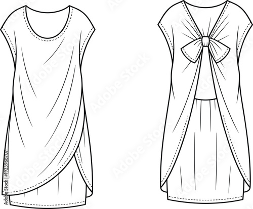 Fashion flat of a women's tunic with a draped front and a decorative bow detail on the back, presented in front and back views for clothing
