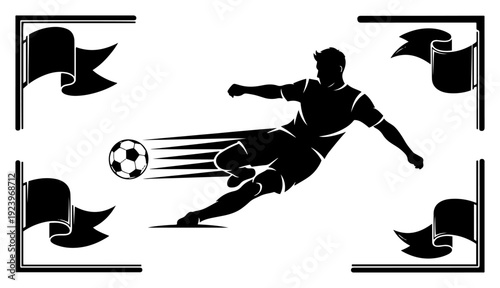 Dynamic soccer player silhouette kicking ball with motion lines and decorative border
