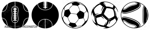 Row of various sports ball icons including soccer and American football