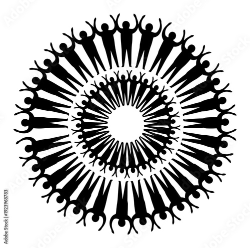 Circular mandala pattern composed of cheering people silhouettes with raised hands