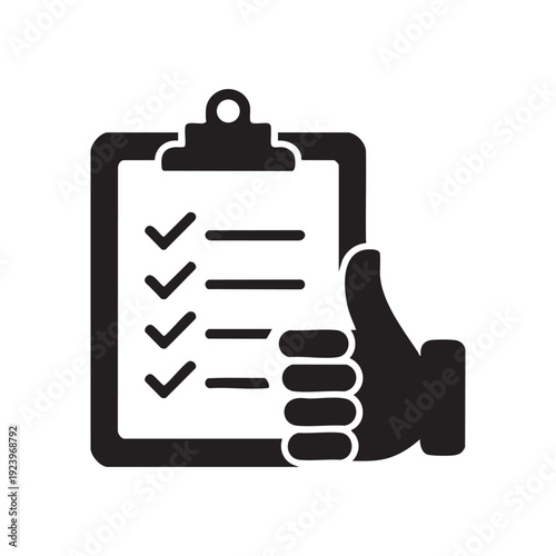 A hand holding a clipboard with a checklist and thumbs up sign, Approval, Hand, Clipboard, Checklist, Illustration