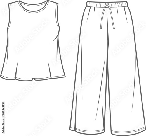 Fashion of a women's two-piece loungewear set with a sleeveless peplum and wide-leg cropped pants, presented as a flat technical