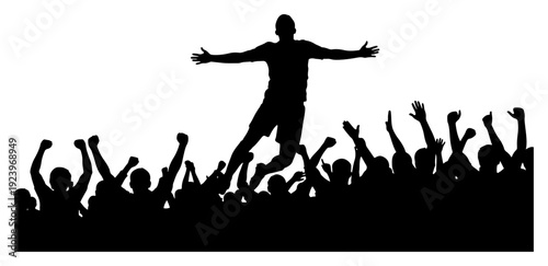 Black and white silhouette of fans and player celebrating victory in a stadium crowd