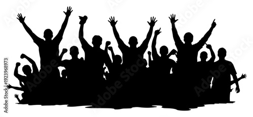 Large cheering crowd silhouette of sports fans with raised hands celebrating victory