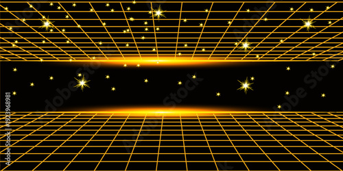 Retro cyberpunk style 80s game scene pixel art 8-bit sci-fi background. glowing neon grid and stars from vintage arcade computer games.