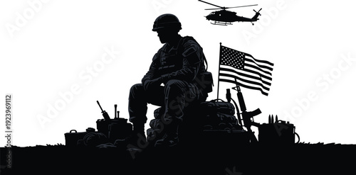 Soldier silhouette illustration, military gear American flag helicopter patriotic service character design, vector artwork, culture and identity theme, isolated background
