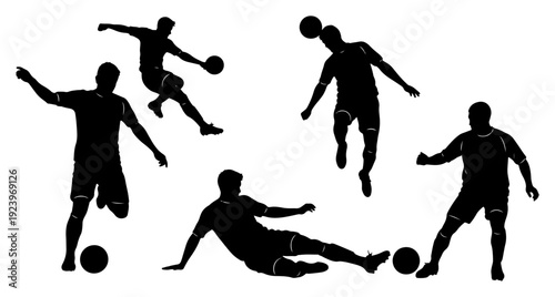 Collection of black soccer player silhouettes performing various football match action poses