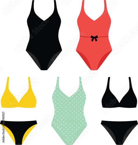 Swimsuit fashion illustration, bikini one-piece styles colorful design summer beachwear vector artwork, lifestyle and retail theme, isolated background