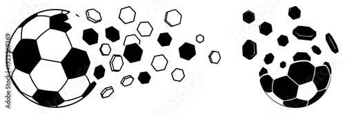 Abstract vector graphic of a soccer ball exploding into multiple hexagonal pieces on white background