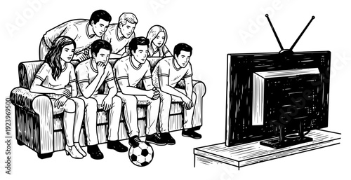Hand drawn sketch of football fans watching a game on television while sitting on a sofa