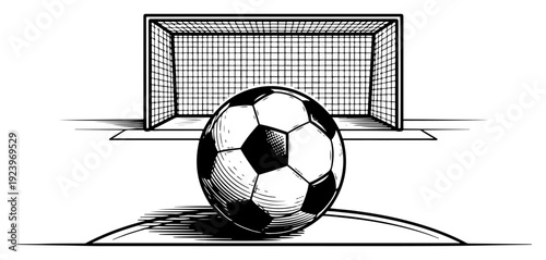 Black and white vintage engraving of a soccer ball positioned in front of a goal net