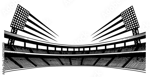 Wide perspective of a sports stadium interior with floodlights in hand drawn style