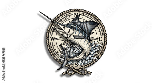 Intricate nautical compass design featuring a majestic marlin fish illustration perfect for marine themes.