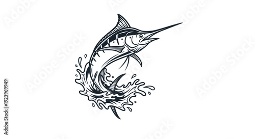 Striking illustration of a marlin leaping from the ocean water with detailed splashes.