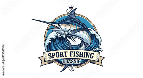 Majestic Marlin Leaping Through Waves Sport Fishing Classic Emblem.