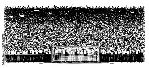 Massively crowded stadium tribune behind a goal net filled with thousands of fans
