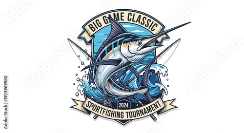 Big Game Classic Sportfishing Tournament emblem with marlin and waves.