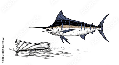 A detailed illustration of a marlin fish leaping near a small boat on the water.