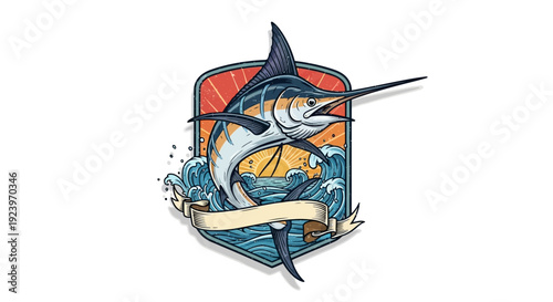 Striking illustration of a marlin leaping from the ocean waves a symbol of strength and the sea.