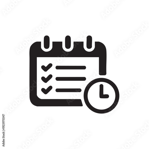 Simple black and white illustration of a calendar with a clock indicating schedule management and time tracking