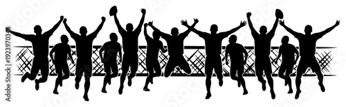 Group of American football players celebrating victory near a stadium fence