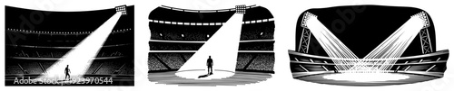 Collection of stadium spotlight illustrations with rays of light in darkness