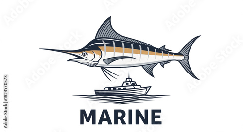 Striking illustration of a marlin fish above a boat marine theme.