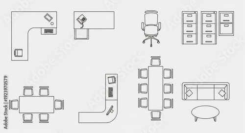 Office furniture layout plan with various desks, chairs, and storage units.
